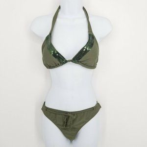 Vanity Womens Olive Green Sequin Halter Neck Bikini Bottom And Top Size L M